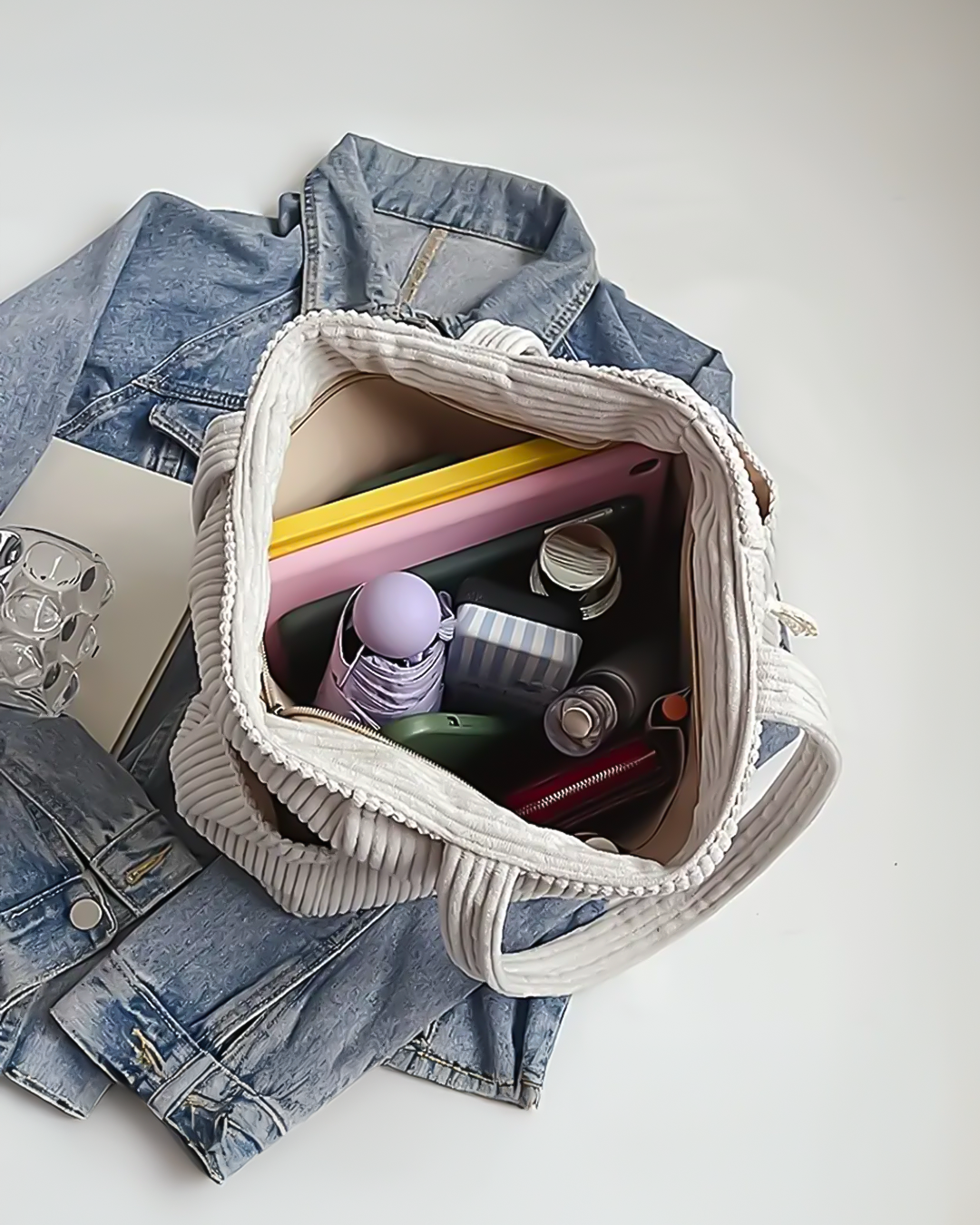 Tilda – Ribbad bärkasse med snodddetalj