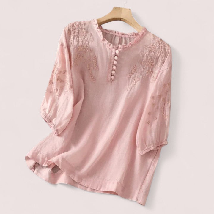 Stockholm Heritage | Blus i bomullsvoile med broderade axlar