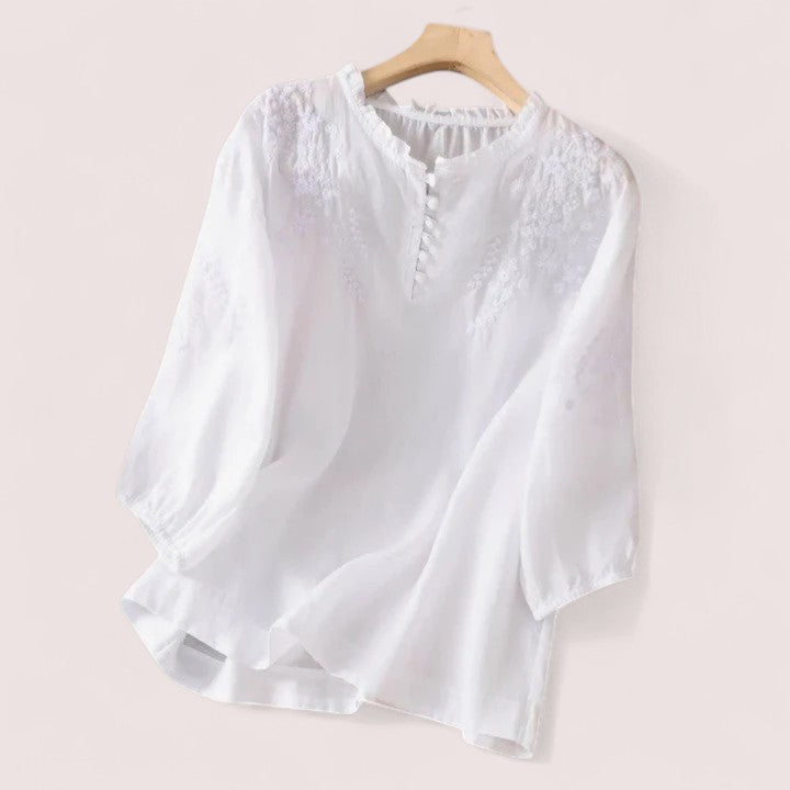 Stockholm Heritage | Blus i bomullsvoile med broderade axlar