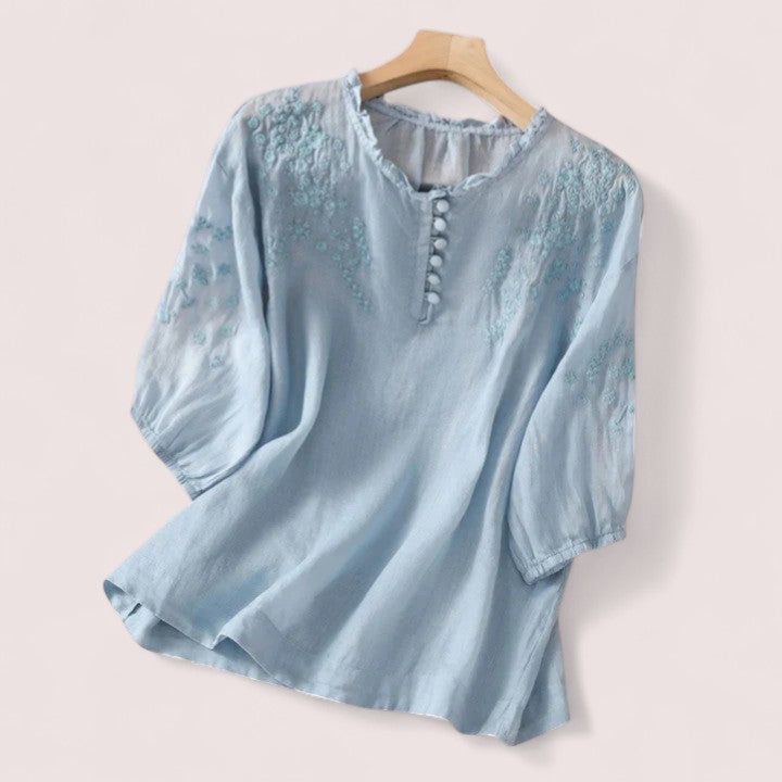Stockholm Heritage | Blus i bomullsvoile med broderade axlar